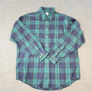 Brooks Brothers Mens L Black Watch Non-Iron Plaid Button Down Shirt Green Navy